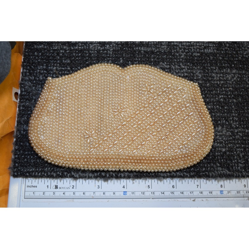 Vtg 1960's Miranda Beaded Hand Clutch Purse Beige Tan Formal Party Evening Bag
